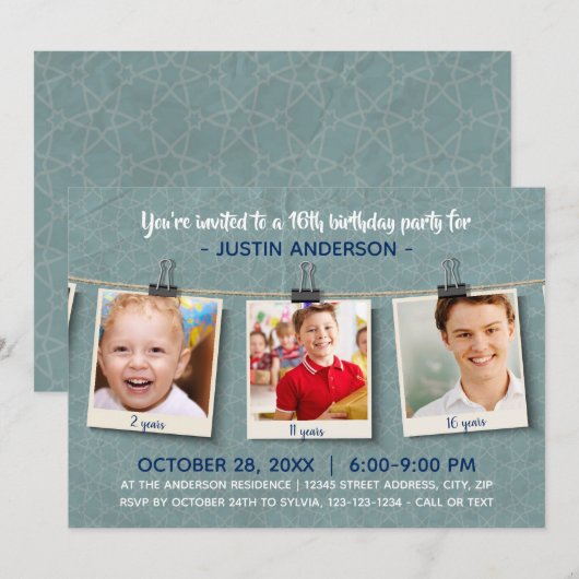 Drie foto's op Twine - Verjaardagsfeestuitnodiging Kaart (Voorkant / Achterkant)