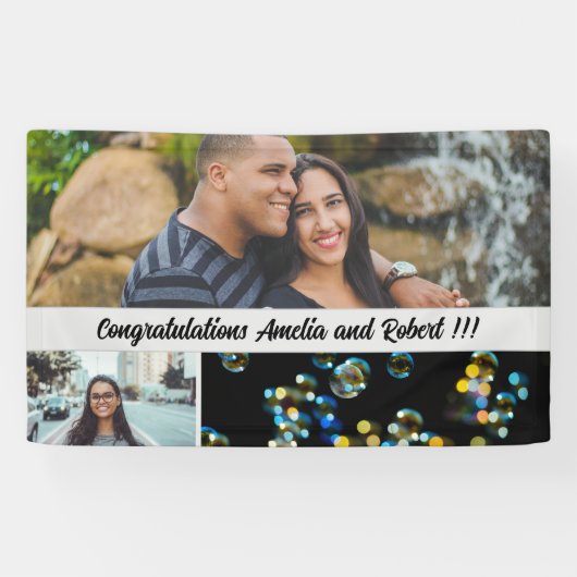 Drie foto's plus aangepaste congratulatie tekst spandoek (Horizontaal)
