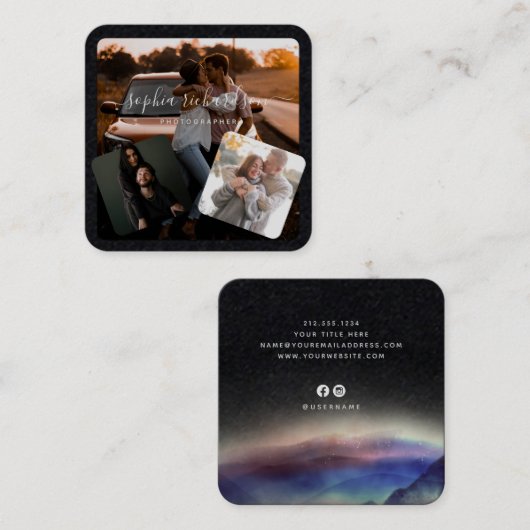 Drie foto's Premium Black en White Signature Vierkante Visitekaartje (Voorkant / Achterkant)