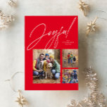 Drie foto's rood kerstfeest feestdagenkaart<br><div class="desc">Deze drie kerstkaart van de fotofamilie is voorzien van een groot modern script dat "vrolijk" is boven een collage van drie foto's. De verscheidenheid van vormen en grootte zijn perfect voor het tonen van hoogtepunten van het jaar of het beste van de familiefoto spruit. Op de achterkant van de vakantiekaart...</div>