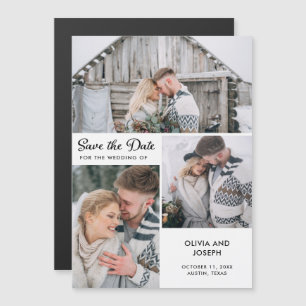 Drie foto's slaan de datum op   Zwart-Wit Magnetische Uitnodiging