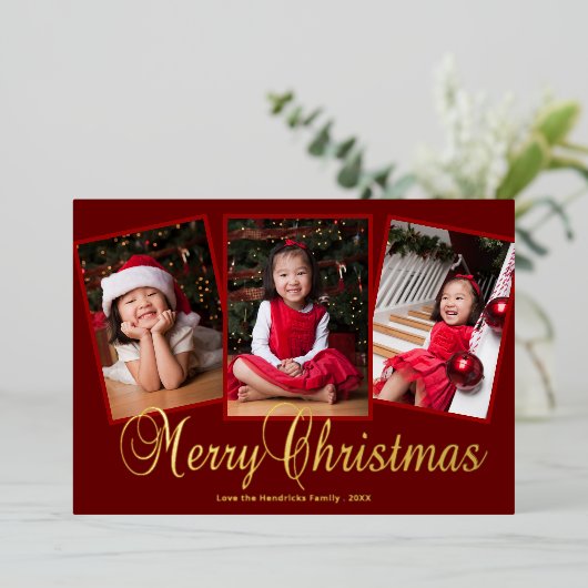 Drie foto's van Elegant Merry-kerstscript Folie Feestdagenkaart (Staand Voorkant)