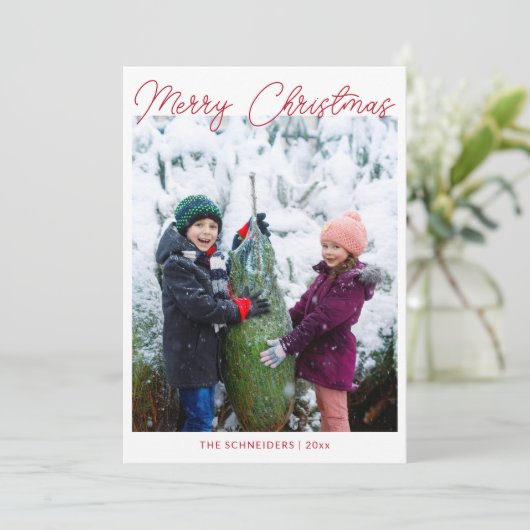Drie foto's Vertical Red Script Vergrot Kerstfeest Feestdagenkaart (Staand voorkant)