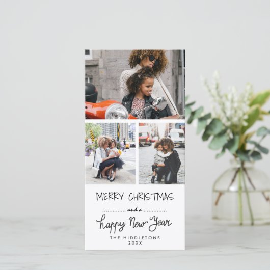 Drie foto's Vrolijk Kerstfeest Gelukkig Nieuwjaar  Feestdagenkaart (Staand voorkant)