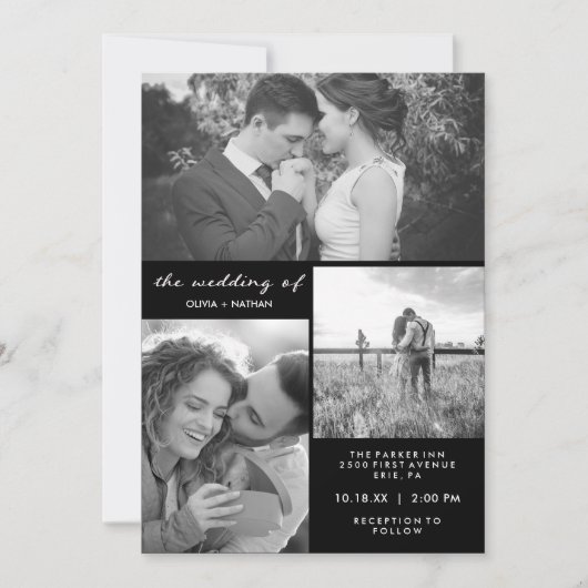 Drie foto's | Zwart-wit bruiloft Kaart (Voorkant)