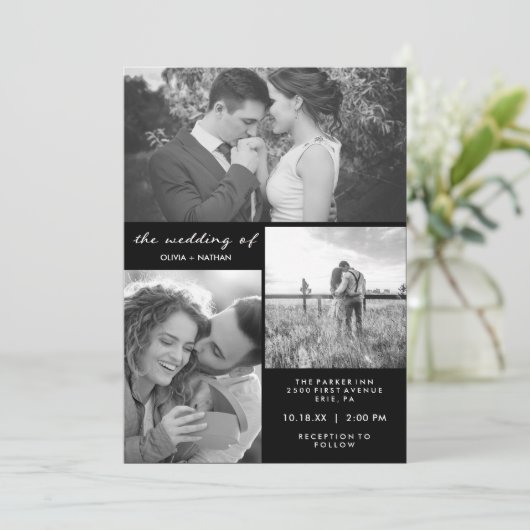 Drie foto's | Zwart-wit bruiloft Kaart (Staand voorkant)