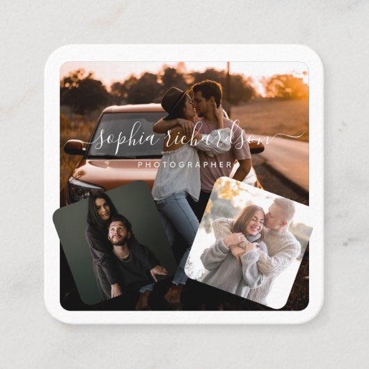 Drie foto's zwarte en witte casual handtekening vierkante visitekaartje (Voorkant)