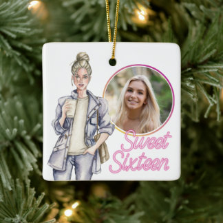 Drie FOTO'Sweet Sixteen Trendy Girl Kerstmis Keramisch Ornament