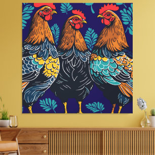Drie Franse hennen knippen stencil-stijl Canvas Afdruk