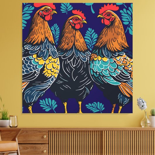Drie Franse hennen knippen stencil-stijl Canvas Afdruk (Insitu (Woonkamer))