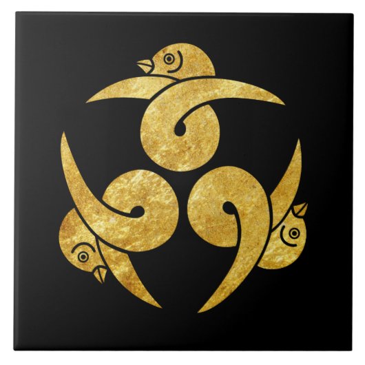 Drie Ganzen Japans Kamon Faux goud op zwart Tegeltje (Voorkant)