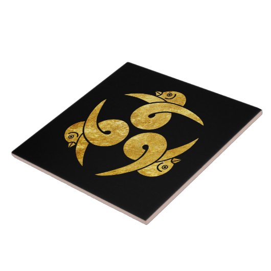 Drie Ganzen Japans Kamon Faux goud op zwart Tegeltje (Zijkant)