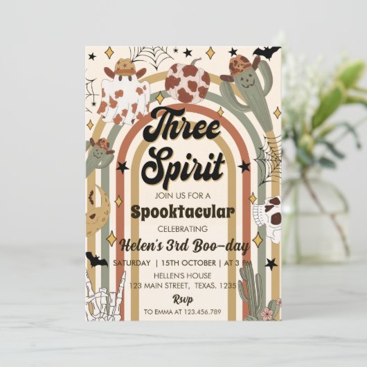 Drie Geest Groovy Cactus Halloween Verjaardag Kaart (Staand voorkant)