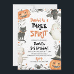 Drie Geest Leuke Halloween 3e Verjaardag Uitnodige Kaart<br><div class="desc">Three Spirit Cute Halloween 3rd Birthday Invite Herfst Pumpkin Ghost Spooky Cute Halloween Birthday Invite</div>