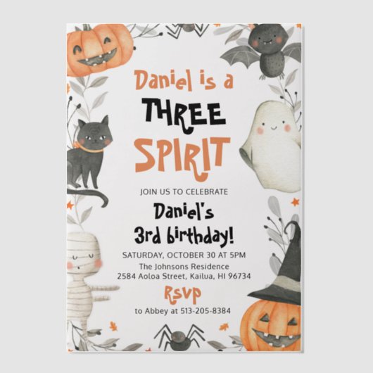 Drie Geest Leuke Halloween 3e Verjaardag Uitnodige Vellum Uitnodigingen (Voorkant)