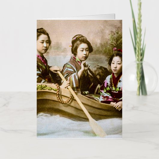 Drie Geisha's in een Roeiboot  Glas Slide Folie Wenskaart (Voorkant)