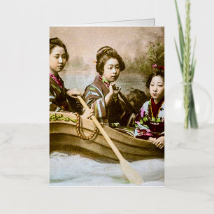 Drie Geisha's in een Roeiboot  Glas Slide Folie Wenskaart