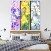 Drie gekleurde irissen bloemen canvas print schild (Insitu (Slaapkamer))
