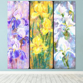 Drie gekleurde irissen bloemen canvas print schild (Insitu (Houten vloer))
