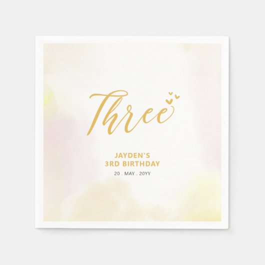 Drie | Gele harten en Waterverf 3e verjaardag Servet (Voorkant)
