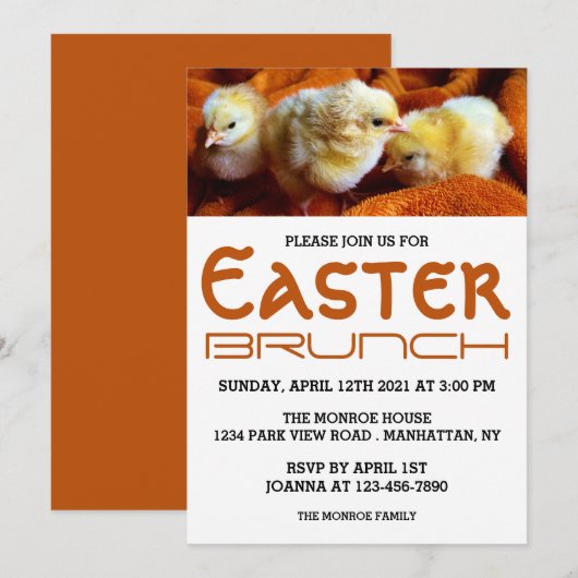 Drie Gele Kippen, Oranje & White Paasbrunch Aankondiging (Voorkant / Achterkant)