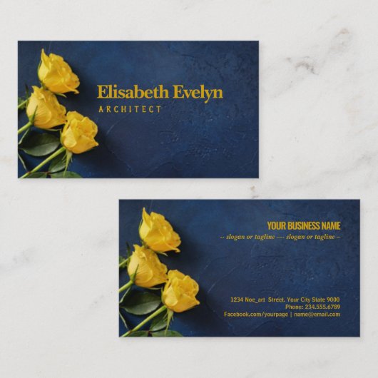 Drie gele rozen op een donkerblauwe achtergrond visitekaartje (Voorkant / Achterkant)