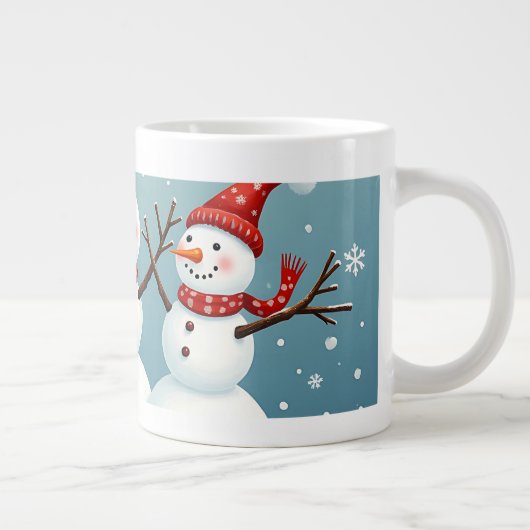 Drie gelukkige kerstsneeuwmannen grote koffiekop (Rechts)