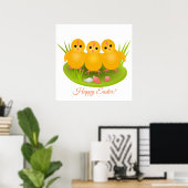 Drie gelukkige Pasen gele kuikens Poster (Thuiskantoor)