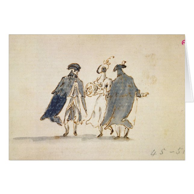 Drie gemaskeerde figuren in carnavalskostuum (pen  (Voorkant Horizontaal)