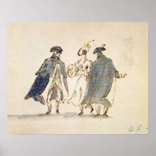 Drie gemaskeerde figuren in carnavalskostuum (pen poster