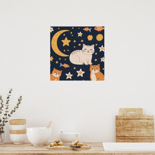 Drie gemberkatten, maan, sterren en vis poster (Keuken)