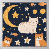 Drie gemberkatten, maan, sterren en vis poster (Voorkant)