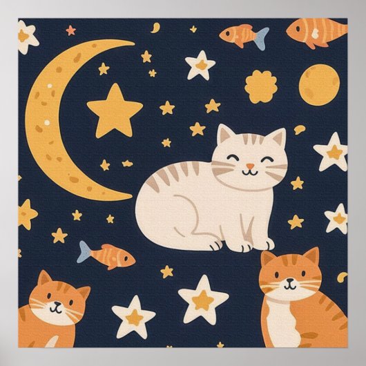 Drie gemberkatten, maan, sterren en vis poster (Voorkant)