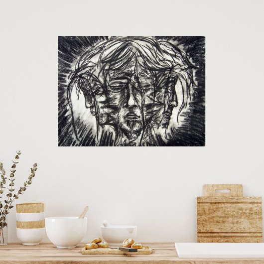 Drie Gezichten Van Metaalziekte Houtskool Tekening Poster (Keuken)