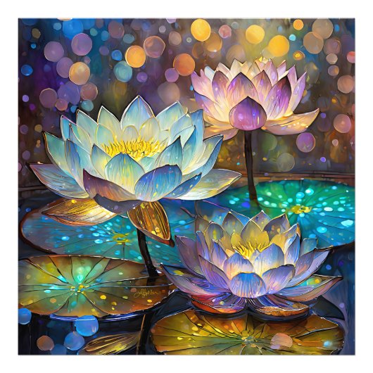Drie gloeiende lotusbloemen foto afdruk (Voorkant)