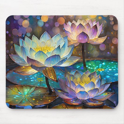 Drie gloeiende lotusbloemen muismat (Voorkant)