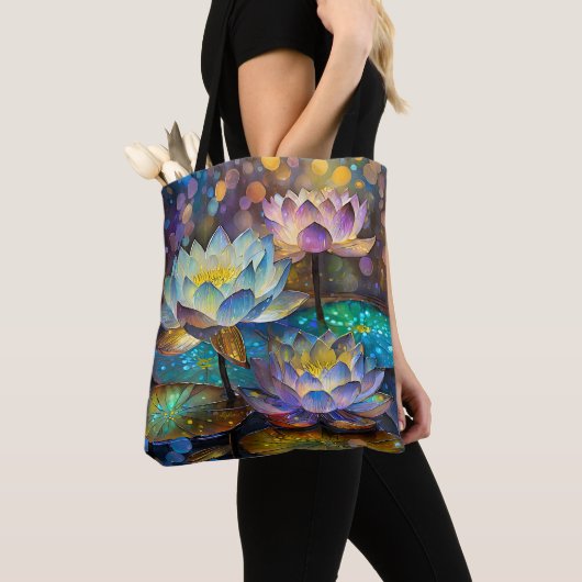 Drie gloeiende lotusbloemen tote bag (Dichtbij)