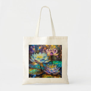 Drie gloeiende lotusbloemen tote bag