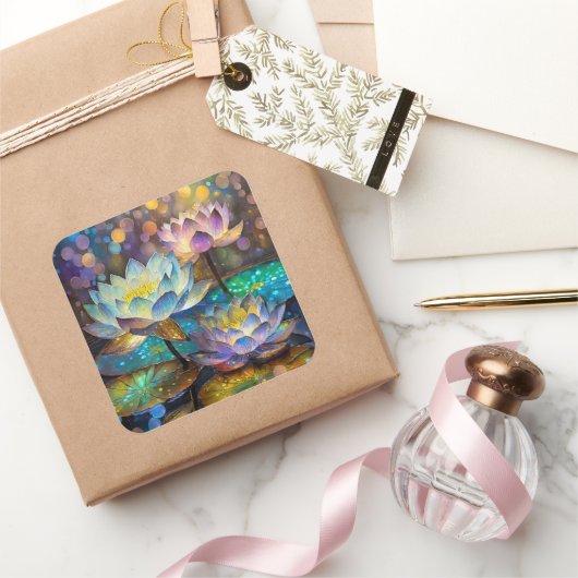 Drie gloeiende lotusbloemen vierkante sticker (Geschenken)