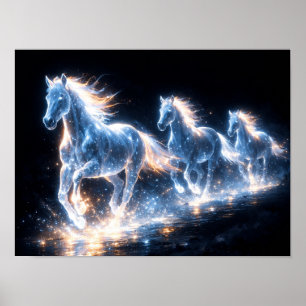 Drie gloeiende paarden die in het donker rennen poster