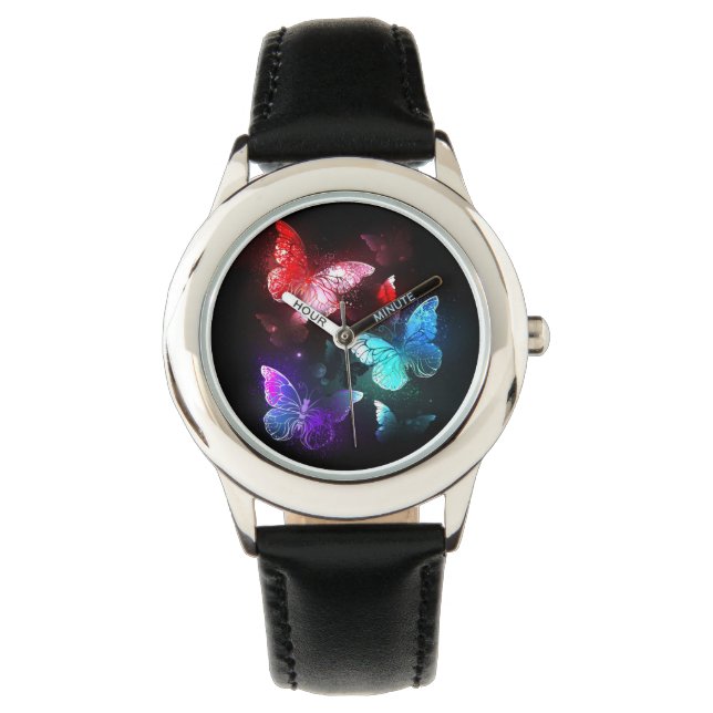 Drie gloeiende vlinders op een nachtachtergrond horloge (Voorkant)