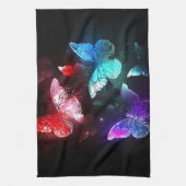 Drie gloeiende vlinders op een nachtachtergrond theedoek (Verticaal)