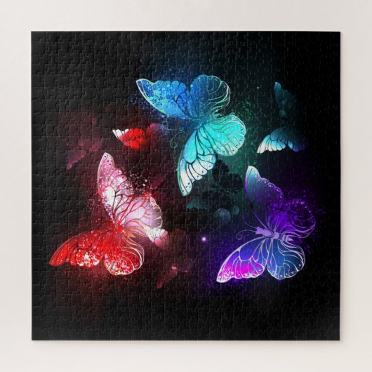 Drie gloeiende vlinders op nachtelijke achtergrond legpuzzel (Verticaal)