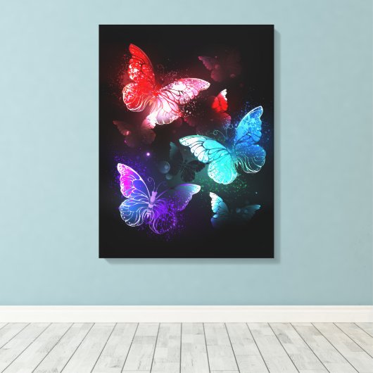 Drie gloeiende vlinders op nachtrust canvas afdruk (Insitu (Houten vloer))