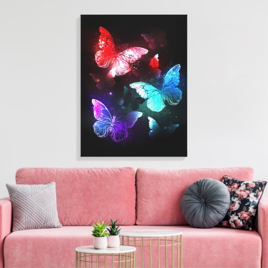 Drie gloeiende vlinders op nachtrust canvas afdruk (Insitu (Woonkamer))