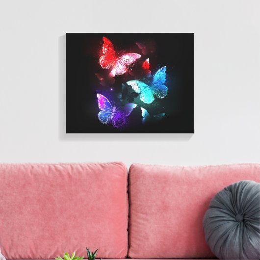 Drie gloeiende vlinders op nachtrustachtergrond canvas afdruk (Insitu (Woonkamer))