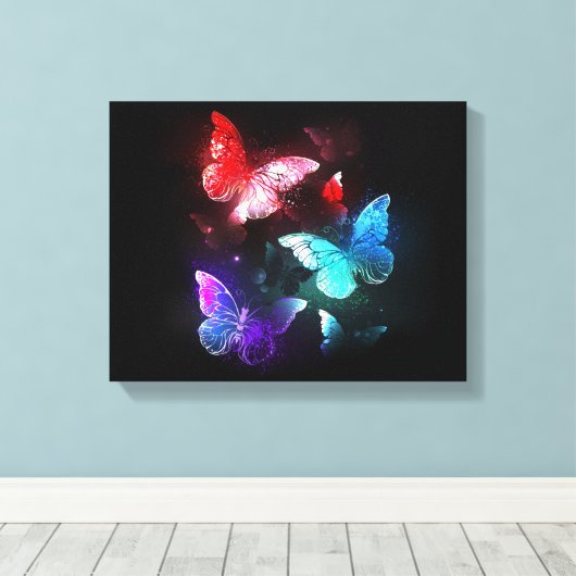 Drie gloeiende vlinders op nachtrustachtergrond canvas afdruk (Insitu (Houten vloer))