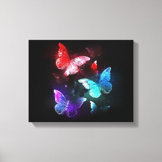 Drie gloeiende vlinders op nachtrustachtergrond canvas afdruk (Voorkant)