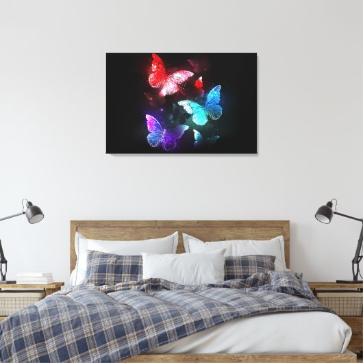 Drie gloeiende vlinders op nachtrustachtergrond canvas afdruk (Insitu (Slaapkamer))