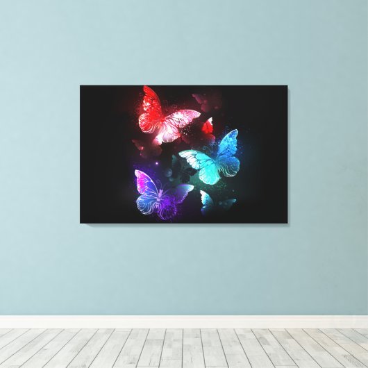 Drie gloeiende vlinders op nachtrustachtergrond canvas afdruk (Insitu (Houten vloer))